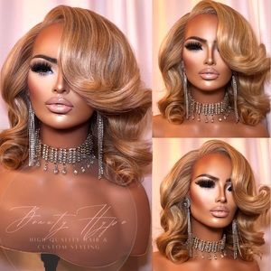 9 COLORS Styled Blowout Glam Bob Curly Honey Blonde Lace Front Synthetic Wig